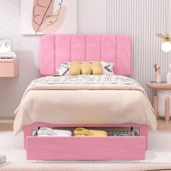 Platform Storage Bed Pink Metal Frame Twin Platform Bed with Velvet Upholstered Headboard and 1 Drawer