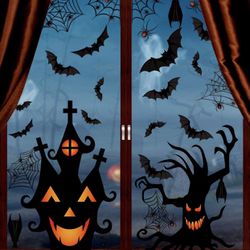 VEYLIN 6Sheets 200Pcs Halloween Window Clings, Double-Side Spooky Removable Window Sticker for Halloween Party Decoration