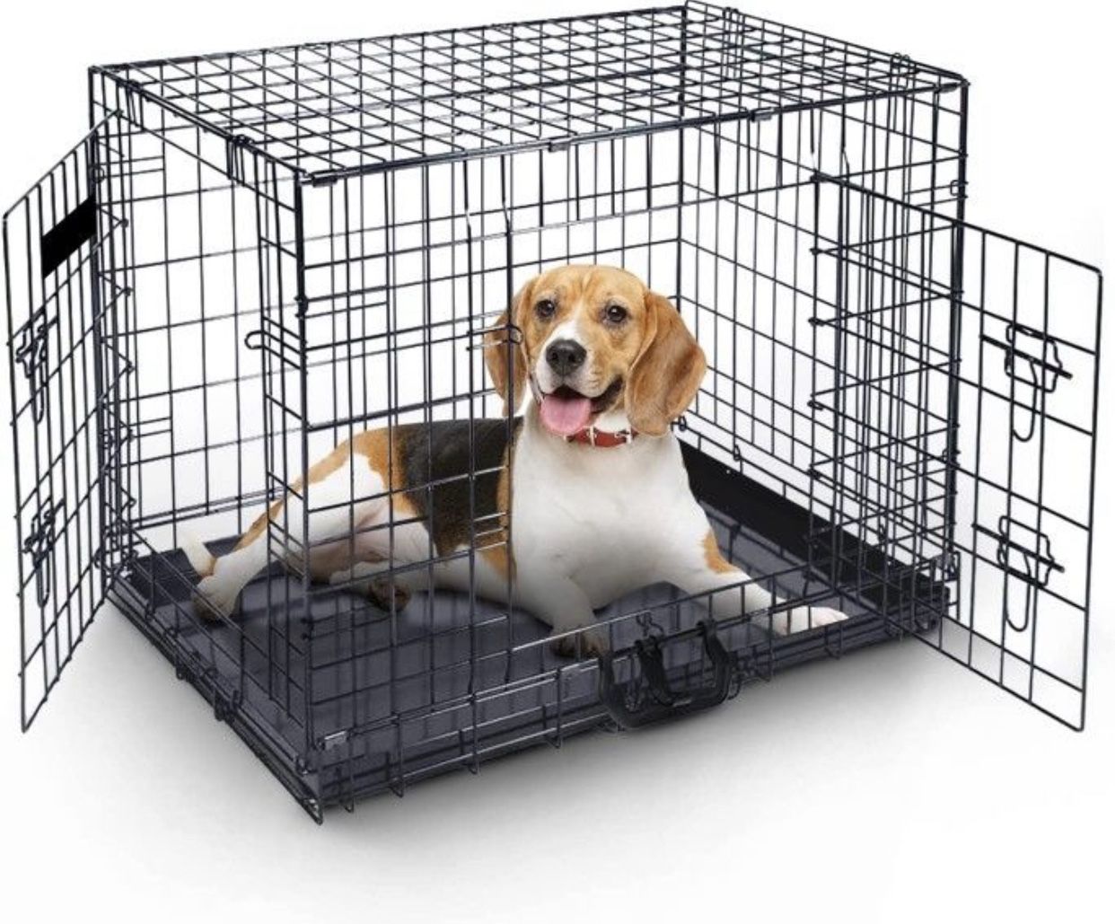 Dog Cage Crate– Pet Black Metal Folding Cage with 2 Doors (Front & Side)