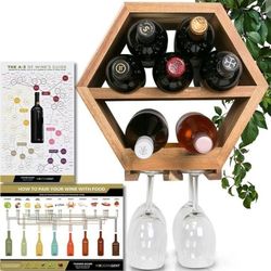 Wooden Wine Rack Wall Mounted - Acacia Wood Wine Bottle Holder with Glass Slots, A-Z Guide and Pairing Poster - Sturdy Display Shelf 