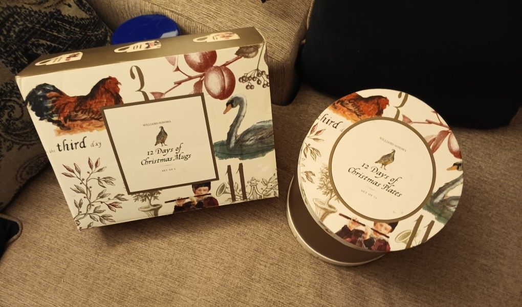 Williams-Sonoma 12 Days of Christmas plates set of 12 and cups set of cups.