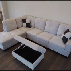 New Light Gray Sectional Sofa Couch With Free Ottoman, Chaise And 2 Pillows 