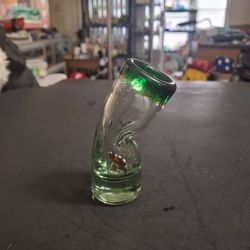 Handmade Bent Blown Art Glass Shot Glass Green Tinted W/Embedded Glass Hat Inside, Most Likely Mexico Late Century 4"H