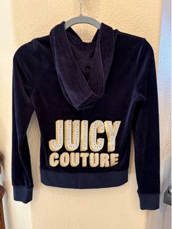 Juicy Couture Dark Navy Velour Rhinestone Bling Logo Hoodie Zip Jacket Size XS