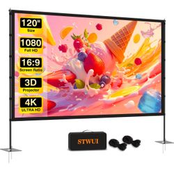 🍿📽️120 Inch 16:9 4K HD Outdoor/Indoor  Movie Projector Screen with Stand - Portable Projector Screen