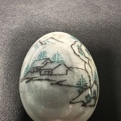 Vintage 1980s Marble Asian Forest Mountain Village Etched Painted Alabaster Egg