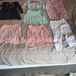 Carters girls 6/6x clothes. Pj pants have stains/piling. Bonjour & unicorn shirts have light stains. Blue dress has a light stain a & tiny snag.