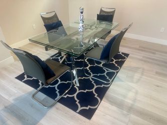 Modern Glass Dining Table Set with Chrome Base + 4 Chairs