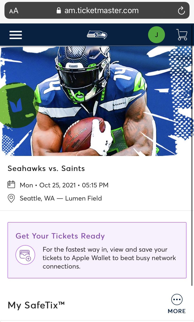 2 Tickets 340 Row N Seattle Seahawks Vs New Orleans Saints Monday Night 10-25-21