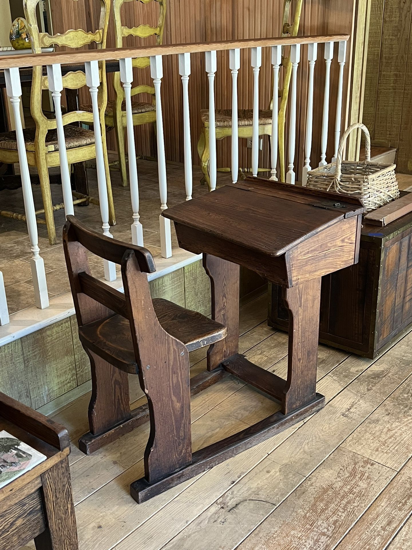 Antique Solid Wood One-Room Schoolhouse Desk with Attached Bench Seat