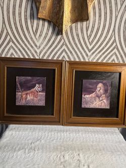 Two beautiful oil painting prints of tiger and lions on board and framed