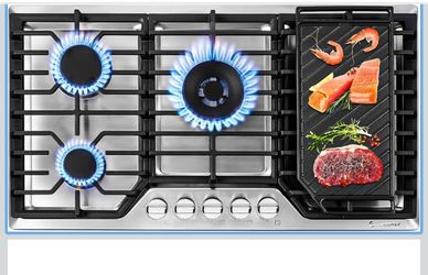 AMZCHEF 36 Inch Gas Cooktop with Griddle, 5 Italy SABAF Sealed Burners Max 48,300 BTU Built-in Gas Stove Top, 304 Stainless Steel Panel, NG/LPG Conver