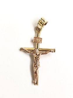 Classic cross with jesus religious pendant 14K REAL YELLOW AND ROSE GOLD.