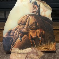 VINTAGE BEAUTIFUL NATIVE AMERICAN OIL PAINTING (on Marble) By VIC ADAMS