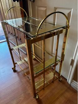 Mid Century Modern Hollywood Regency Bar Cart  3 Tier Shelf Gold Toned on Wheels