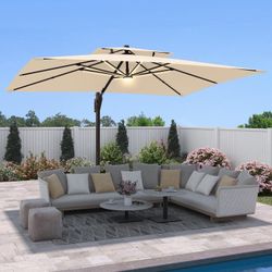 9 X 12 FT Cantilever Outdoor Patio Umbrella with LED Lights Large Heavy Duty 360° Rotation Double Top Offset Rectangular Umbrellas for Backyard Garden