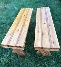 Pair of Wooden Cedar X-Frame Benches.  Read description 1st