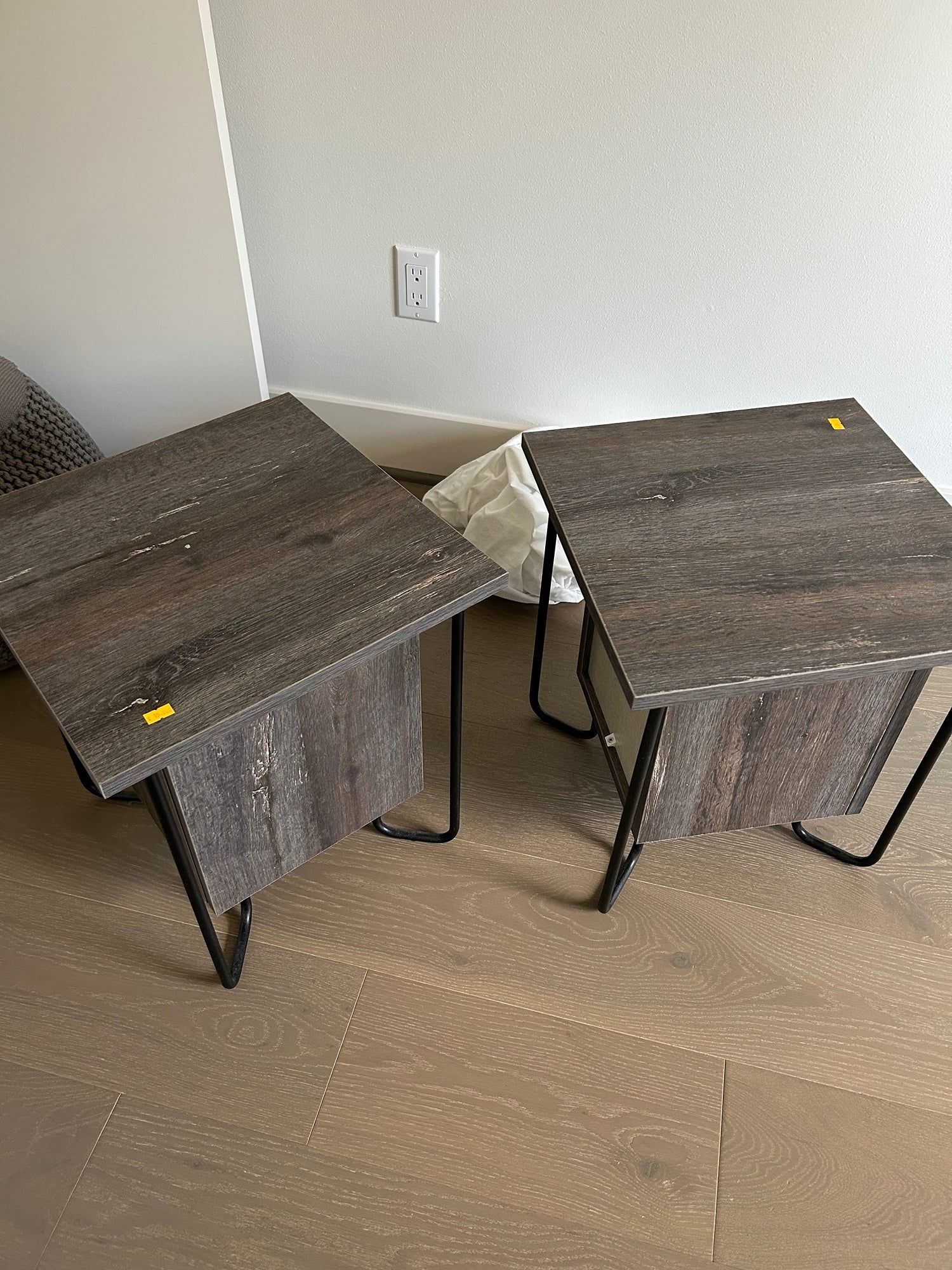 Pair of Mid-Century Modern Wood End Tables with Black Metal Legs