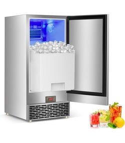 Ice Maker Machine 120 LBS/24H, 60 LBS Cold Preservation Bin for 4-6 H, Freestanding Undercounter Ice Maker Stainless Steel, 40 Ice Trays Built-in Ice 