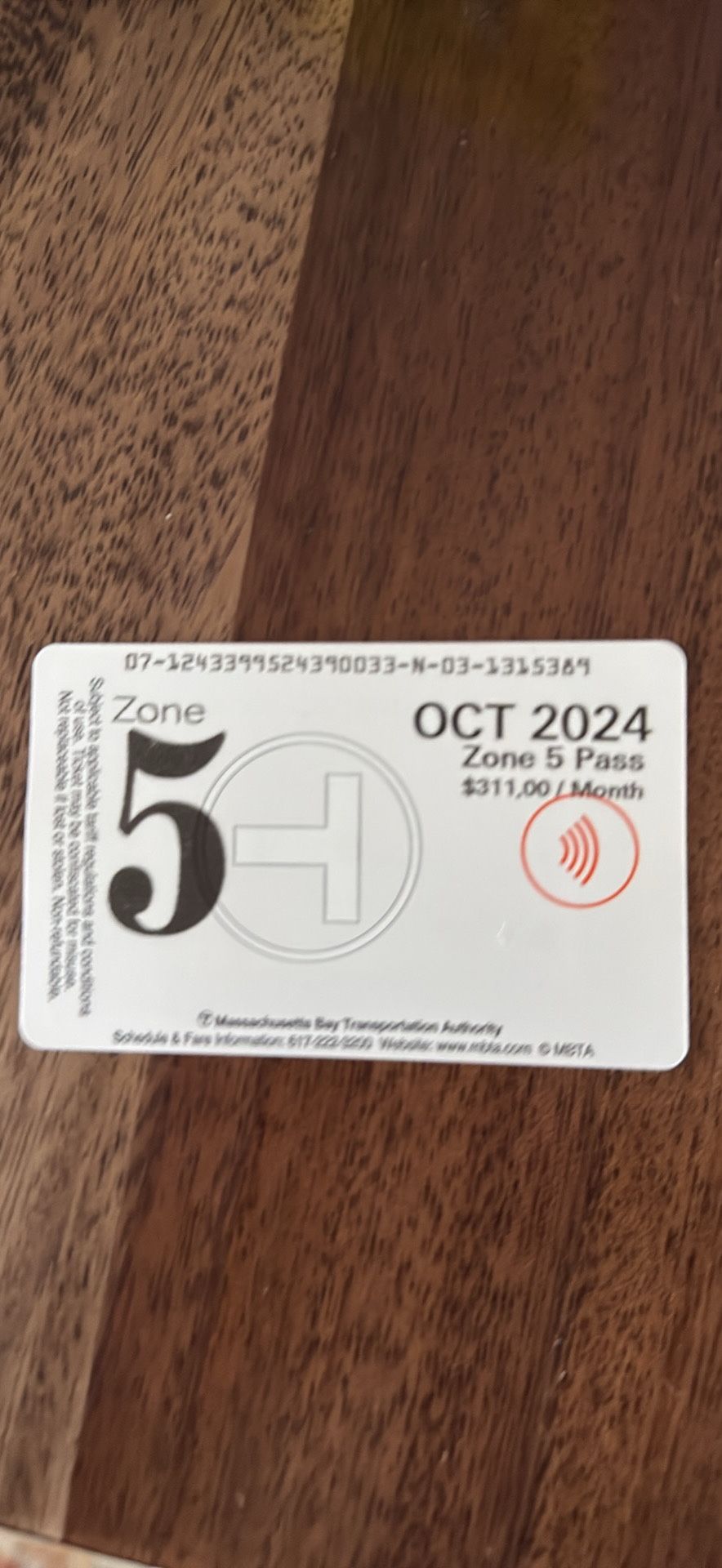 Unused MBTA Zone 5 Pass October