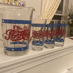 Vintage Pepsi Cola Pitcher And 3 Glasses Set