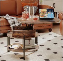 Title: Round Lift-Top Coffee Table with Storage – Rustic Brown