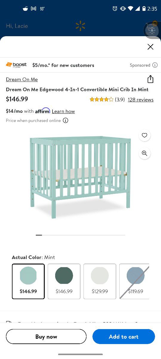 Mini Crib And Dream On Me Mattress, Mint Color