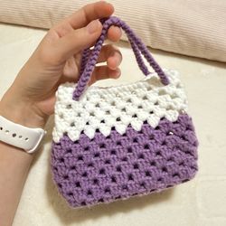 Crochet Mini Tote Bag – Purple and White Small Basket Purse – Cute Gift Bag