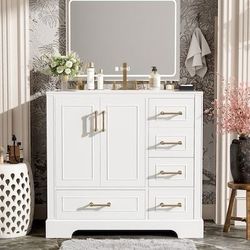 36-in White Undermount Single Sink Bathroom Vanity with White Top and Four Drawers
