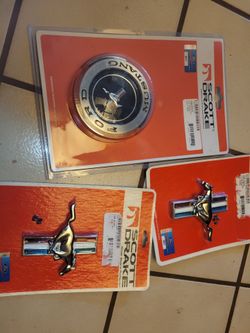 Brand New Scott Drake Ford Mustang 1 Fuel Cap & 2 Fender Emblems Auto parts - $100 FIRM for all 3