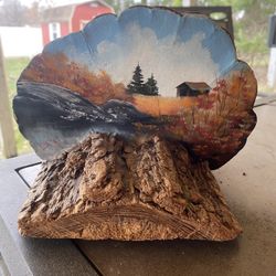 Hand Painted Tree Fungus Shelf Art - Cabin Scene On Bark