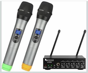 FIFINE Micrófono de mano inalámbrico UHF de doble canal, fácil de usar, sistema inalámbrico para karaoke K036