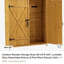 Outdoor Wooden Storage Shed, 56"x19.5"x64", Lockable Door, Detachable Shelves & Pitch Roof, Natural +Solid Wood