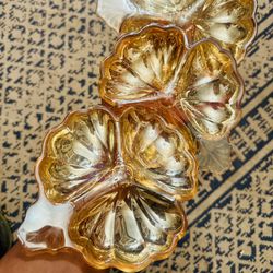 VINTAGE JEANNETTE CARNIVAL GLASS 3 PART CLOVER SHAPE SNACK CANDY DISH MARIGOLD