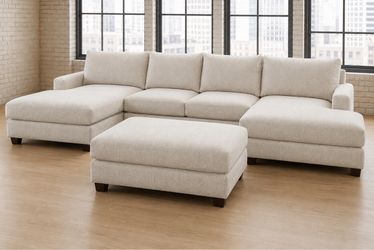 Beige four piece sectional double chaise with ottoman