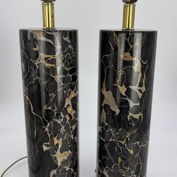 Walter Von Nessen Black Italian Marble Midcentury Modern Pair Table Lamps