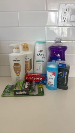 Bundle: shampoo, conditioner, men and women deodorant, men razors, toothpaste, body wash, liquid dish soap
