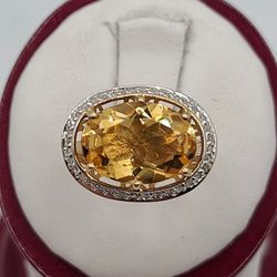 14k Gold Diamond Halo Citrine Ring