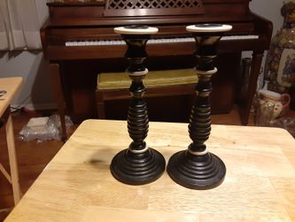 A PAIR of VINTAGE Black WOOD CANDLE holders Made By Two's Company