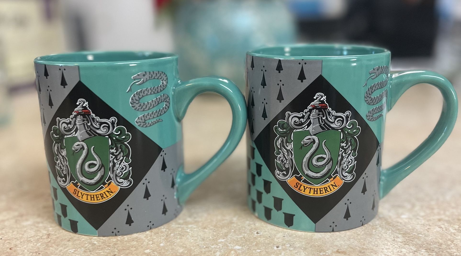 Two Silver Buffalo Harry Potter Hogwarts Slytherin House Crest Ceramic Mugs, 14 Ounces
