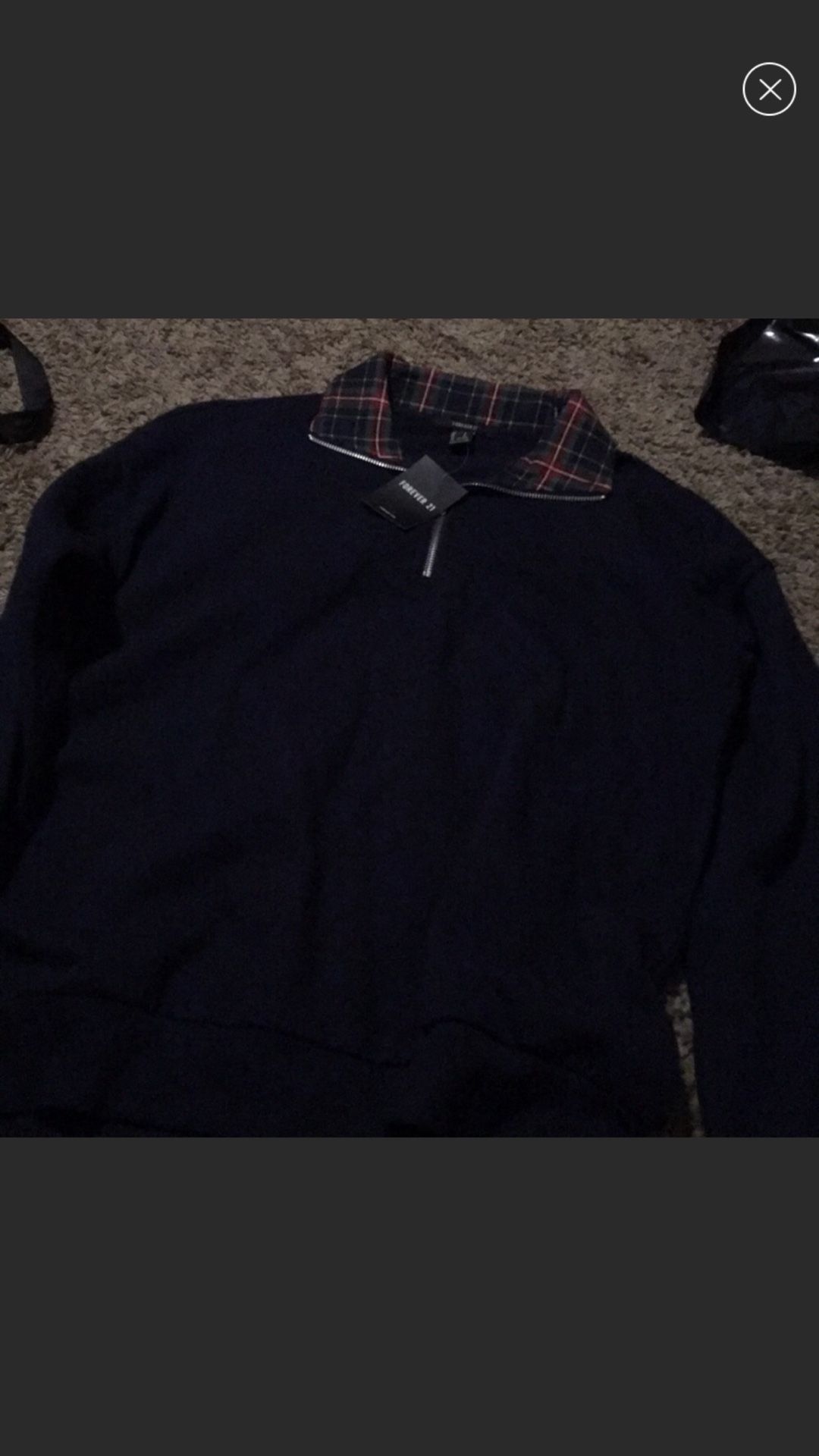 Navy Blue Half Zip With Plaid Collar 