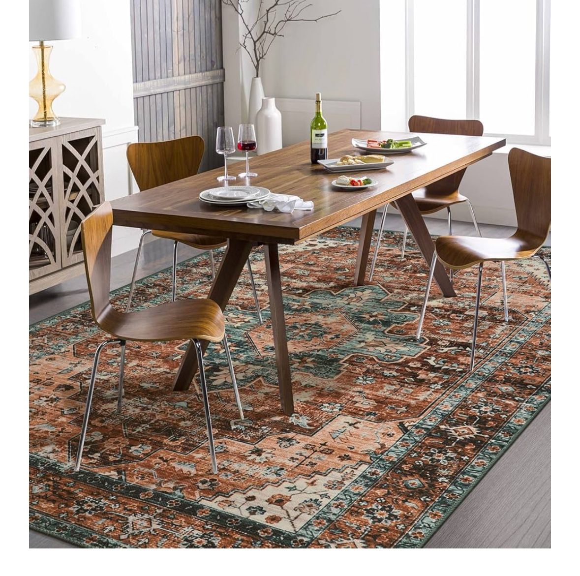 Moynesa 8x10 Ultra-Thin Vintage Area Rug - Oriental Print for Bedroom, Living Room, Under Table, Office, Entryway - Brick Red/Dull Teal