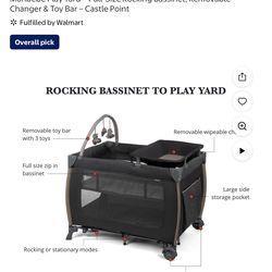 Monbebe Play Yard - Full-Size Rocking Bassinet, Removable Changer & Toy Bar - Castle Point