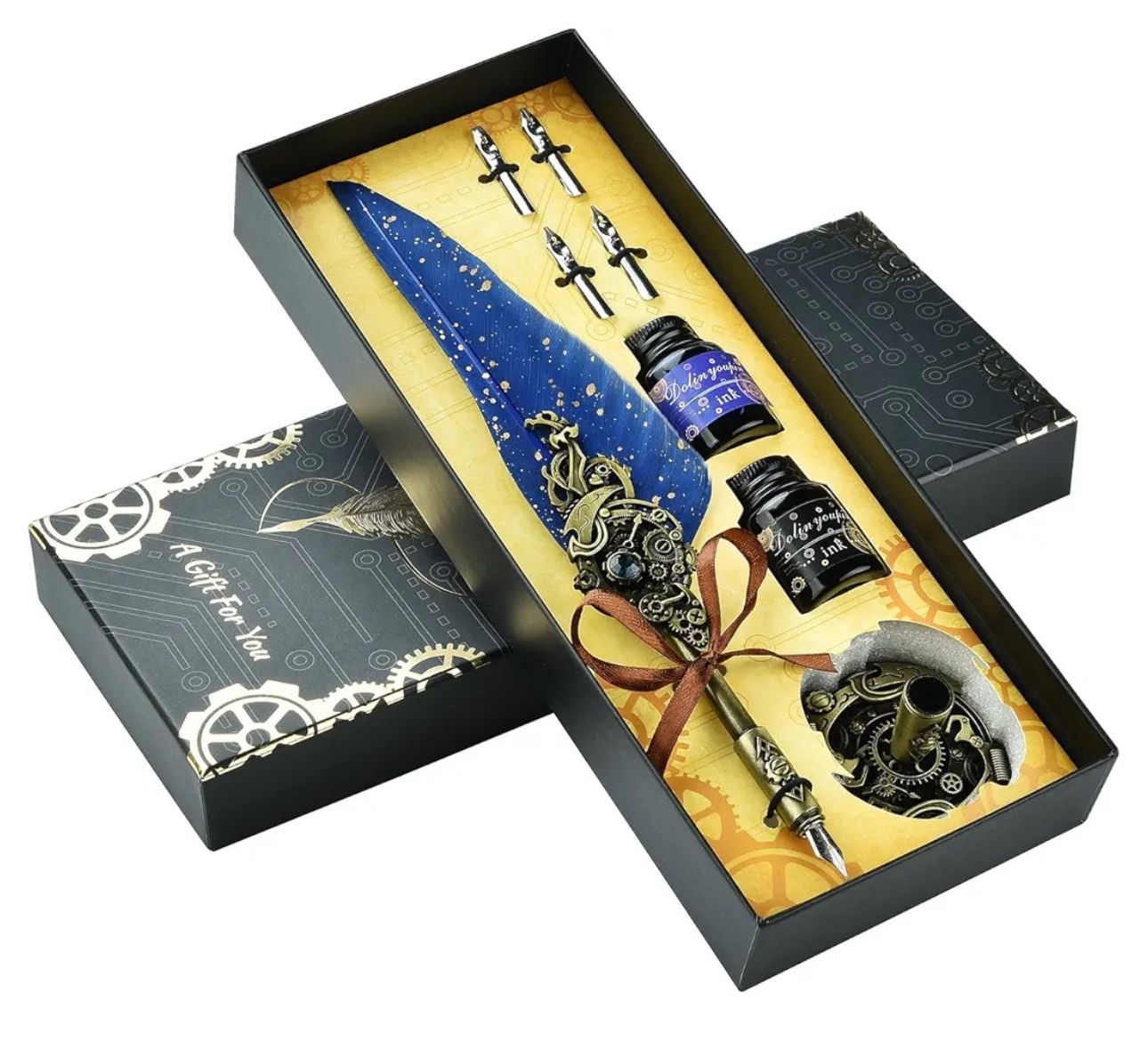 Hethrone Quill Pen and Ink Set Calligraphy Pens for Beginners Feather Pens Fountain Dip Pen Set (Navy)