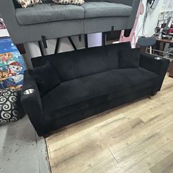 Sofa Bed Convertible Black Corduroy 