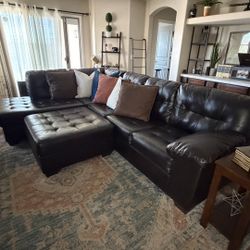 Dark Brown Leather Sectional Couch + Ottoman – Great Condition