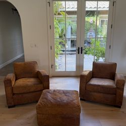 Restoration Hardware Aniline Leather Chairs & Ottoman