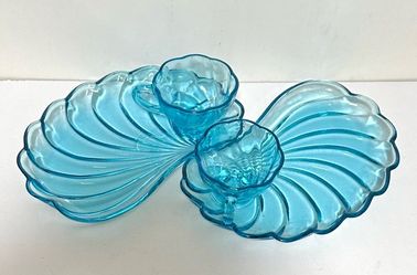 Vintage Mid Century Aqua Blue Glass Swirl Wave Shell Pattern Snack Plates And Cups Set