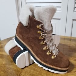 Nice Italian Napoleoni Womens Brown Suede Faux Fur Lace Up Boots Size 6.5