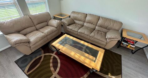 Tan Leather Sofa and Loveseat Set